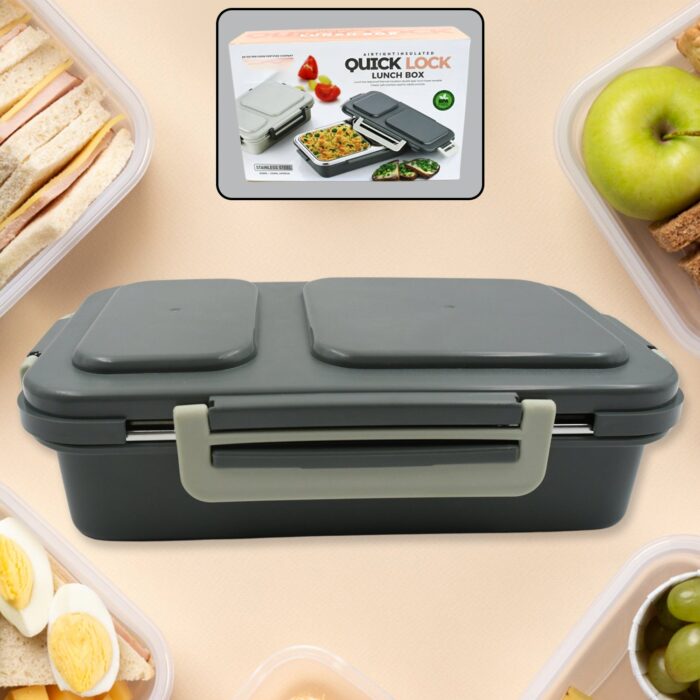 Miracle Quick Lock Leak Proof 2 Compartment Stainless Steel Lunch Box Inner Plate Reusable Microwave Freezer Safe Lunch Box Trendy Thermal Insulation Leak Proof For Office Vacuum Tiffin Box For Boys / Girls / School / Office Women And Men  - Image 6