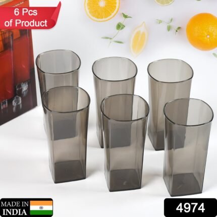4974 Unbreakable Stylish Transparent Square Design Water/Juice/Beer/Wine Tumbler Plastic Glass Set ( 300 ML, Pack of 6) ( Black )