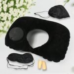 Travel Comfort Kit: Inflatable Neck Pillow, Eye Mask & Ear Plugs