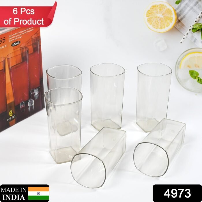 4973 Unbreakable Stylish Transparent Square Design Water/Juice/Beer/Wine Tumbler Plastic Glass Set ( 300 ML, Pack of 6)