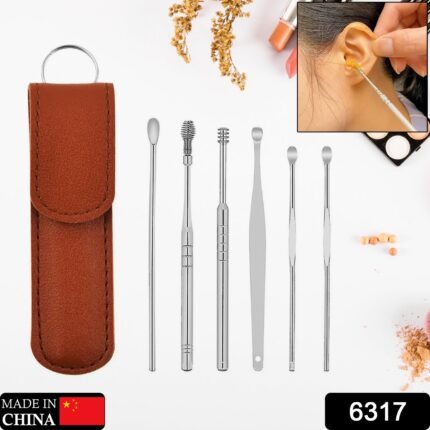 6317   6-in-1 Ear Wax Cleaner- Resuable Ear Cleaning Tools Leather Pouch - Ear Pick Wax Remover Tool Kit with Ear Curette Cleaner and Spring Ear Buds Cleaner Fit in Pocket Great for Traveling