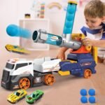 Truck Toys For Kids, Large Truck Toys Include 2 Racing Cars+4 Ball, With Light & Sounds, Eejection & Shooting Transport Cars Toy, Gifts For Boys Girls (Battery Not Included)