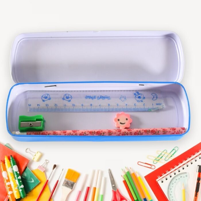 Multifunctional Compass Box With 1 Pencil, 1 Eraser, 1 Scale, 1 Pencil Sharpener, 6 Pen Refill, 1 Black Pen For Boys & Girls For School, Small Size Cartoon Printed Pencil Case For Kids Birthday Gift (12 Pcs Set) - Image 3