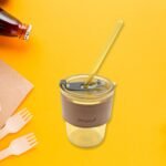 Home Glass Coffee Mug/Tea Cup With Glass Straw And Leakproof Lid Travel Friendly Cups With Heatproof Sleeves