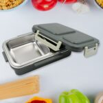 Miracle Quick Lock Leak Proof 2 Compartment Stainless Steel Lunch Box Inner Plate Reusable Microwave Freezer Safe Lunch Box Trendy Thermal Insulation Leak Proof For Office Vacuum Tiffin Box For Boys / Girls / School / Office Women And Men