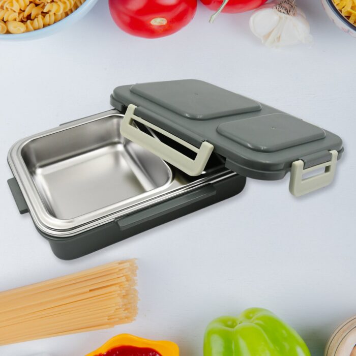 Miracle Quick Lock Leak Proof 2 Compartment Stainless Steel Lunch Box Inner Plate Reusable Microwave Freezer Safe Lunch Box Trendy Thermal Insulation Leak Proof For Office Vacuum Tiffin Box For Boys / Girls / School / Office Women And Men  - Image 1