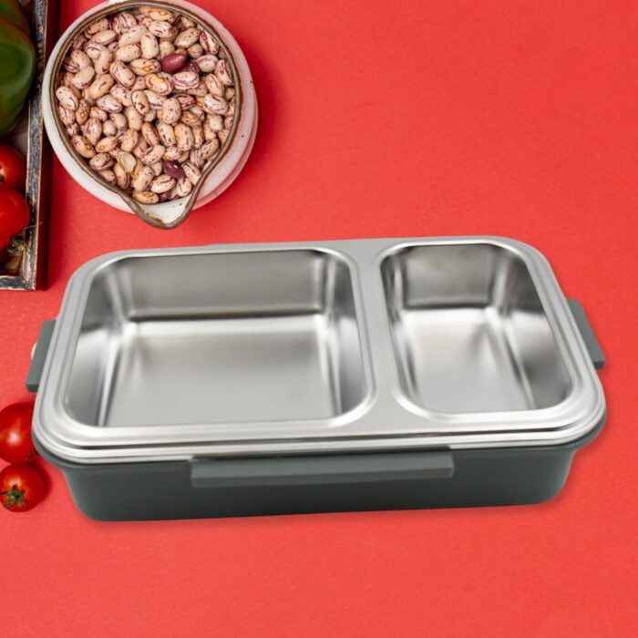 Miracle Quick Lock Leak Proof 2 Compartment Stainless Steel Lunch Box Inner Plate Reusable Microwave Freezer Safe Lunch Box Trendy Thermal Insulation Leak Proof For Office Vacuum Tiffin Box For Boys / Girls / School / Office Women And Men  - Image 5