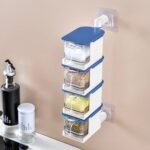 4 Layer Creative Adhesive Wall Hanging Rotary Seasoning Box Condiment Storage Container Kitchen With Spoon Pepper Sugar Spice Jar Rack Food