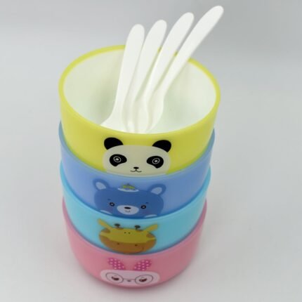 4816 Plastic Animal Cartoon Colorful Bowl set,  4 Pieces Bowl with 4 Spoons for Kids (Assorted Color)