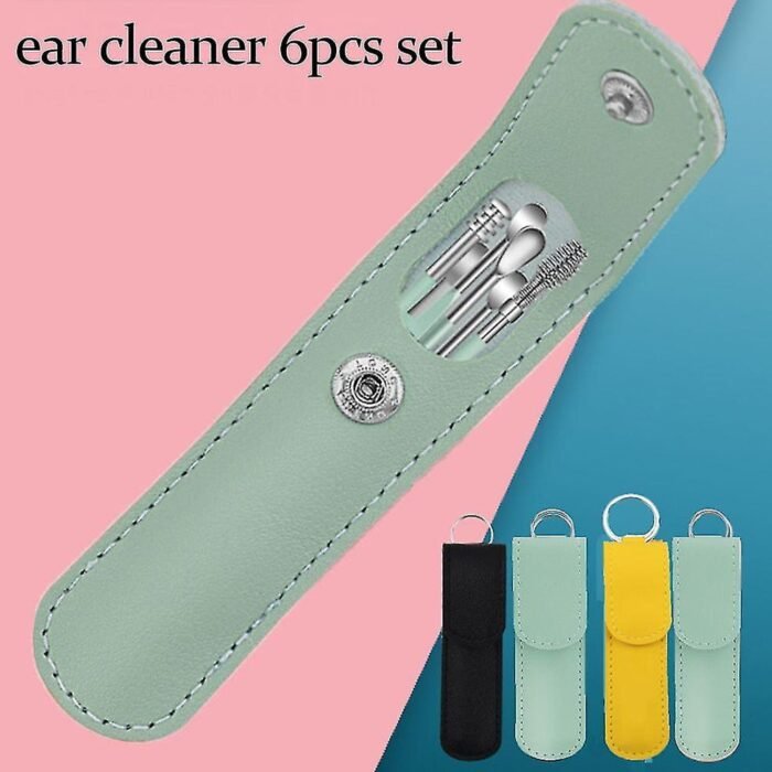 6317   6-in-1 Ear Wax Cleaner- Resuable Ear Cleaning Tools Leather Pouch - Ear Pick Wax Remover Tool Kit with Ear Curette Cleaner and Spring Ear Buds Cleaner Fit in Pocket Great for Traveling