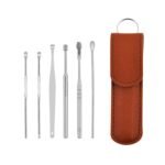 6317   6-in-1 Ear Wax Cleaner- Resuable Ear Cleaning Tools Leather Pouch - Ear Pick Wax Remover Tool Kit with Ear Curette Cleaner and Spring Ear Buds Cleaner Fit in Pocket Great for Traveling