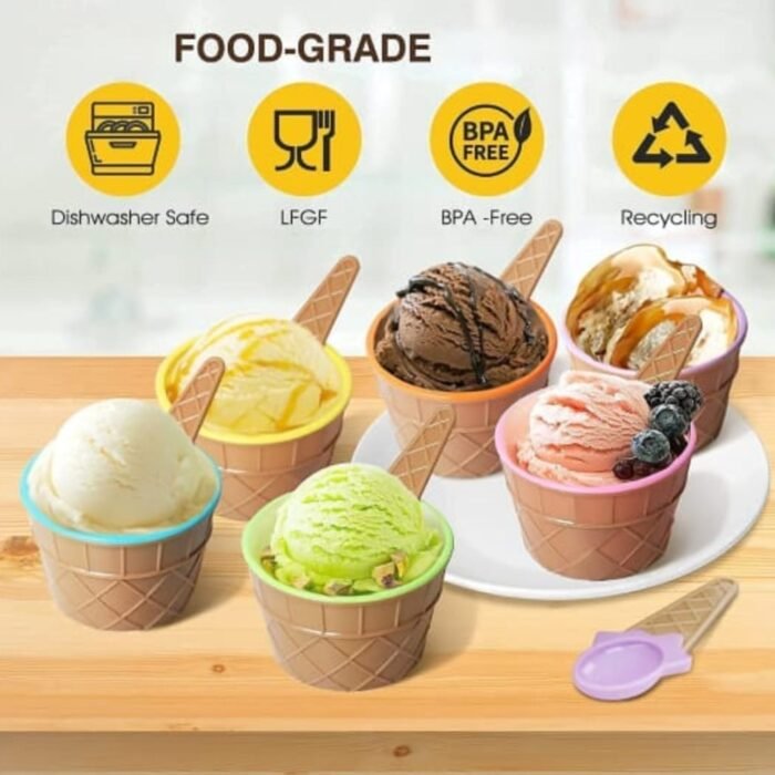 5321  ICE CREAM BOWL & Spoon Set PLASTIC SOLID COLOUR CREAM CUP COUPLE BOWL WITH SPOON. ICE CREAM SPOON & BOWL SET, 12 PC SET OF ICE CREAM BOWL & SPOON (MULTI COLOR)