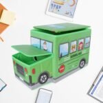 Foldable Bus Shape Toy Box Storage With Lid For Storage Of Toys Basket Useful As Toy Organizer Mountable Racks Surface Multipurpose Basket For Kids Wardrobe Cabinet Wood With Cloth Cover For Home Decor Books, Game, Baby Cloth (Mix Color & Design )