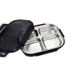 2979 Black Transparent 4 Compartment Lunch Box for Kids and adults, Stainless Steel Lunch Box with 4 Compartments.