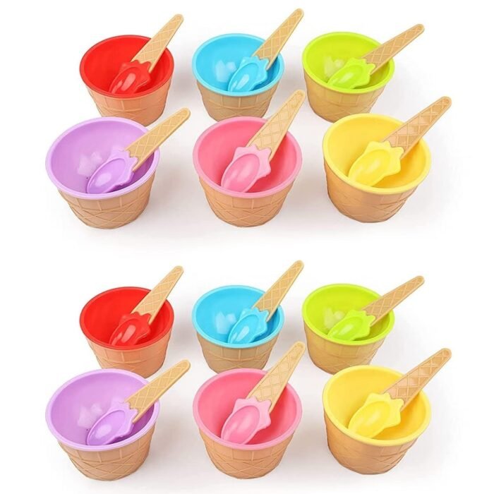 5321  ICE CREAM BOWL & Spoon Set PLASTIC SOLID COLOUR CREAM CUP COUPLE BOWL WITH SPOON. ICE CREAM SPOON & BOWL SET, 12 PC SET OF ICE CREAM BOWL & SPOON (MULTI COLOR)