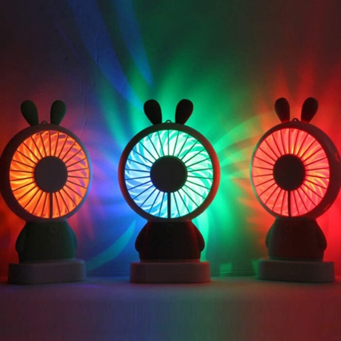 7633 Mini Portable Fan USB Rechargeable Handheld Rabbit Style Color Changing LED Light Pocket Desk Light Fan