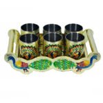 2125 Peacock Design Glass with Handle and Handicraft Serving Tray Set