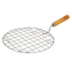 2085 Kitchen Round Stainless Steel Roaster Papad Jali, Barbecue Grill with Wooden Handle 