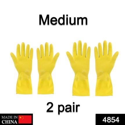 4854 2 pair med yellow gloves For Types Of Purposes Like Washing Utensils, Gardening And Cleaning Toilet Etc.