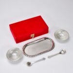 2947A Silver Plated 2 Bowl 2 Spoon Tray Set Brass with Red Velvet Gift Box Serving Dry Fruits Desserts Gift, Bartan