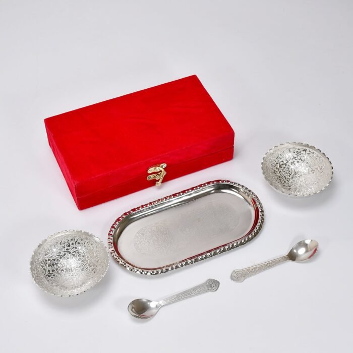 2947A Silver Plated 2 Bowl 2 Spoon Tray Set Brass with Red Velvet Gift Box Serving Dry Fruits Desserts Gift, Bartan