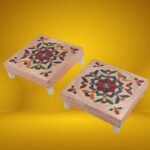 Handicraft Meenakari Wooden Chowki Puja Bajot For Home & Office Decor For Puja Multicolour (2 Pc Set)
