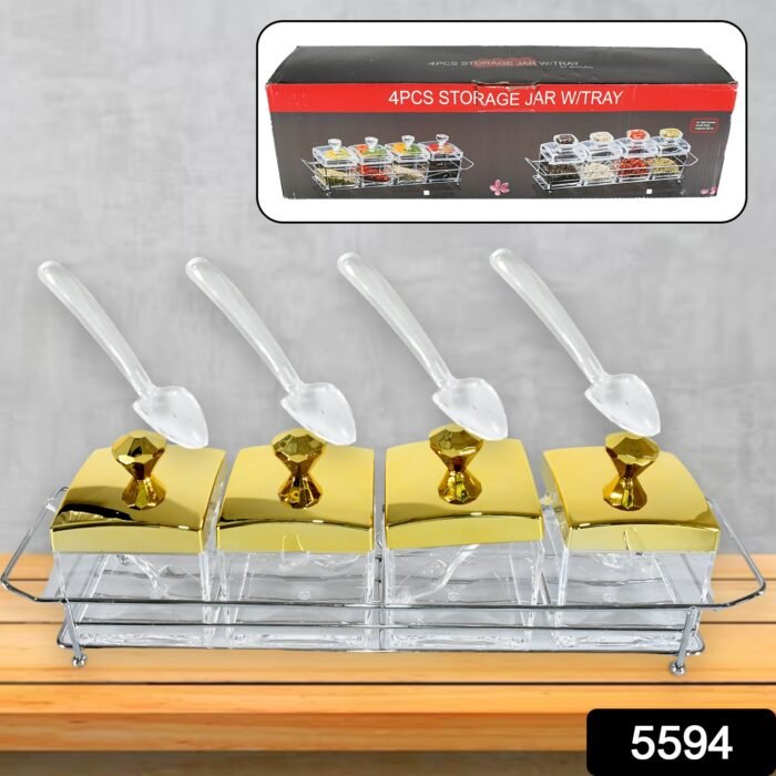 Storage Jar Set One Set With 4 Jars With Lids, Tray & 4 Spoon For Coffee, Tea, Sugar For Storage Jar With Tray For Home Kitchen - Image 2