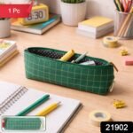 Premium Green Grid Printed Zipper Pencil Pouch Organizer (1 Pc) - Image 2