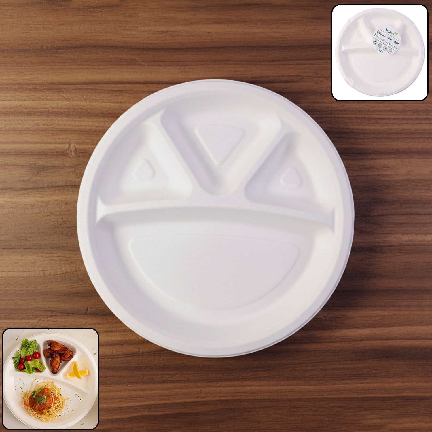 4CompartmentMealTray-WOSKU-01 Vegnar 4 Compartment Disposable Food Serving Plate Set (10 Pc) - Image 1