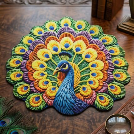 Peacock Design Round Floor Mat, 58x58 cm