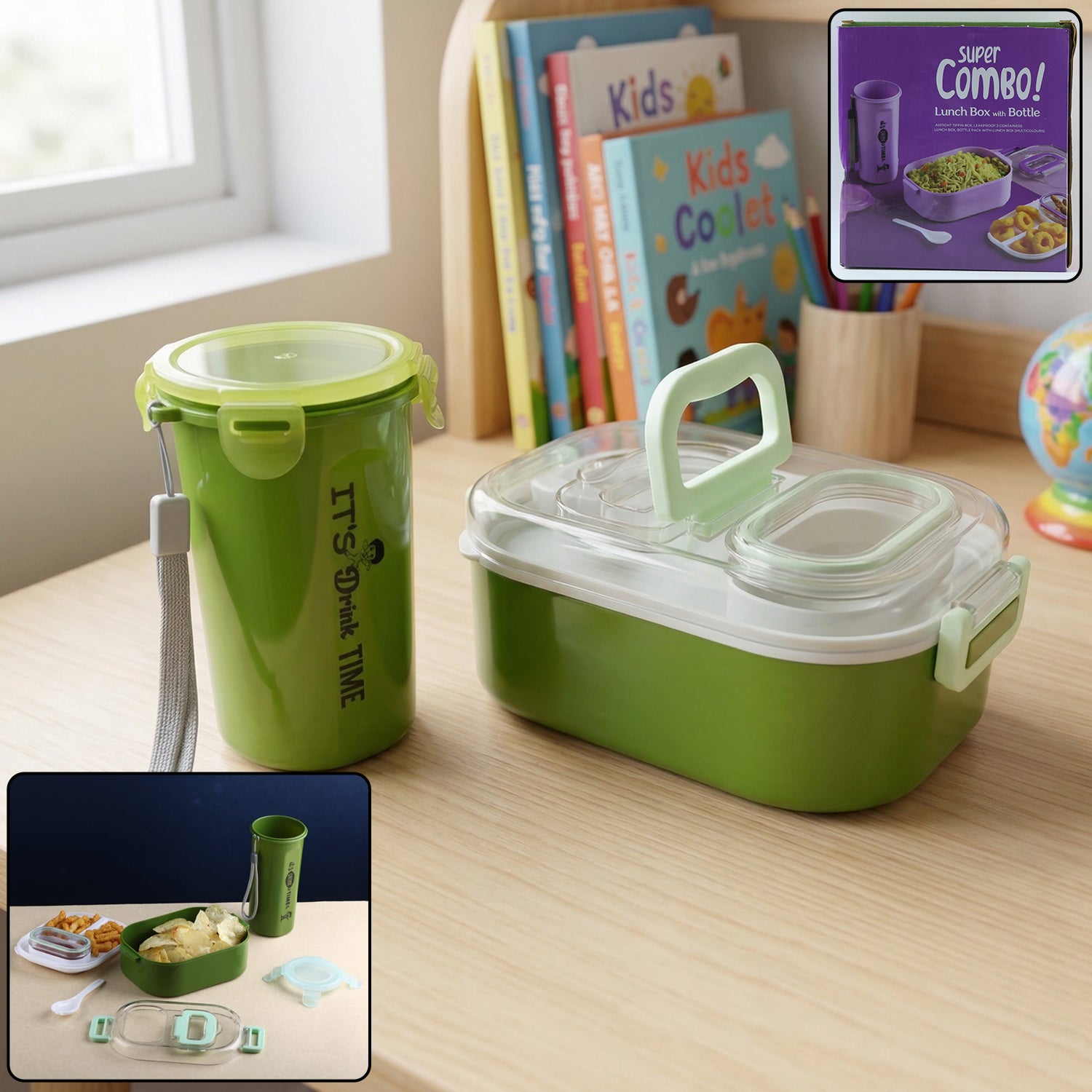 Lunchboxandbottlecombo-WOSKU-01 Multi-Functional 1 Set Leakproof Lunch Box with Cutlery & Tumbler - Image 1