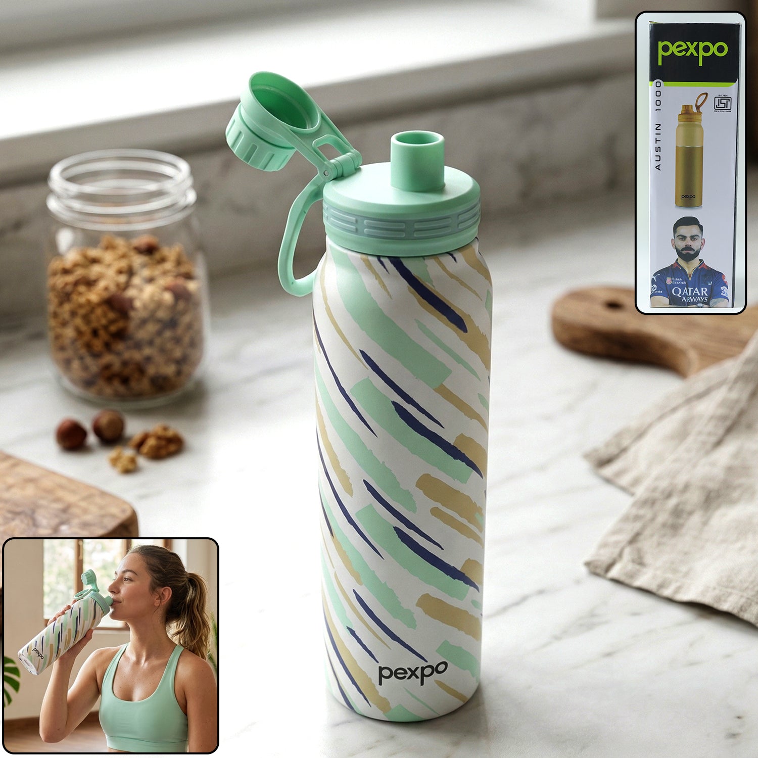 PexpoCyanBottle-WOSKU-01.jpg Pexpo Austin Art Stainless Steel Water Bottle 1000 ML (1 Pc) - Image 1