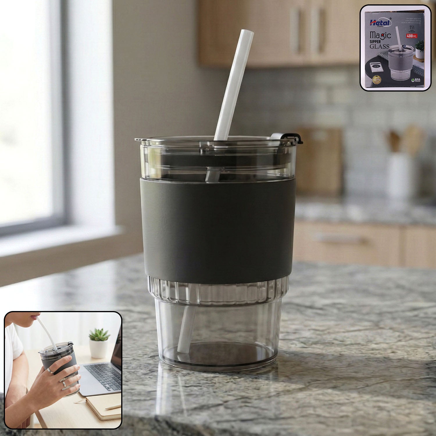 SipperGlass-WOSKU-01 400 ML Monaco Premium Transparent Plastic Cup, Tumbler - Image 1