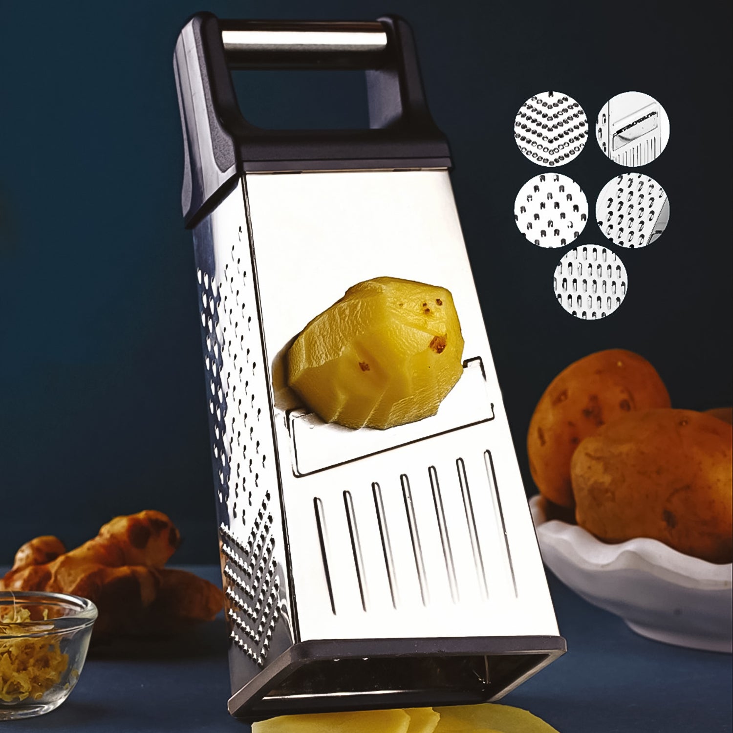 01 35b9d9a8 a977 416e 8c98 73fc4219141b Apex 5-in-1 Master Stainless Steel Multipurpose Slicer and Grater - Image 1