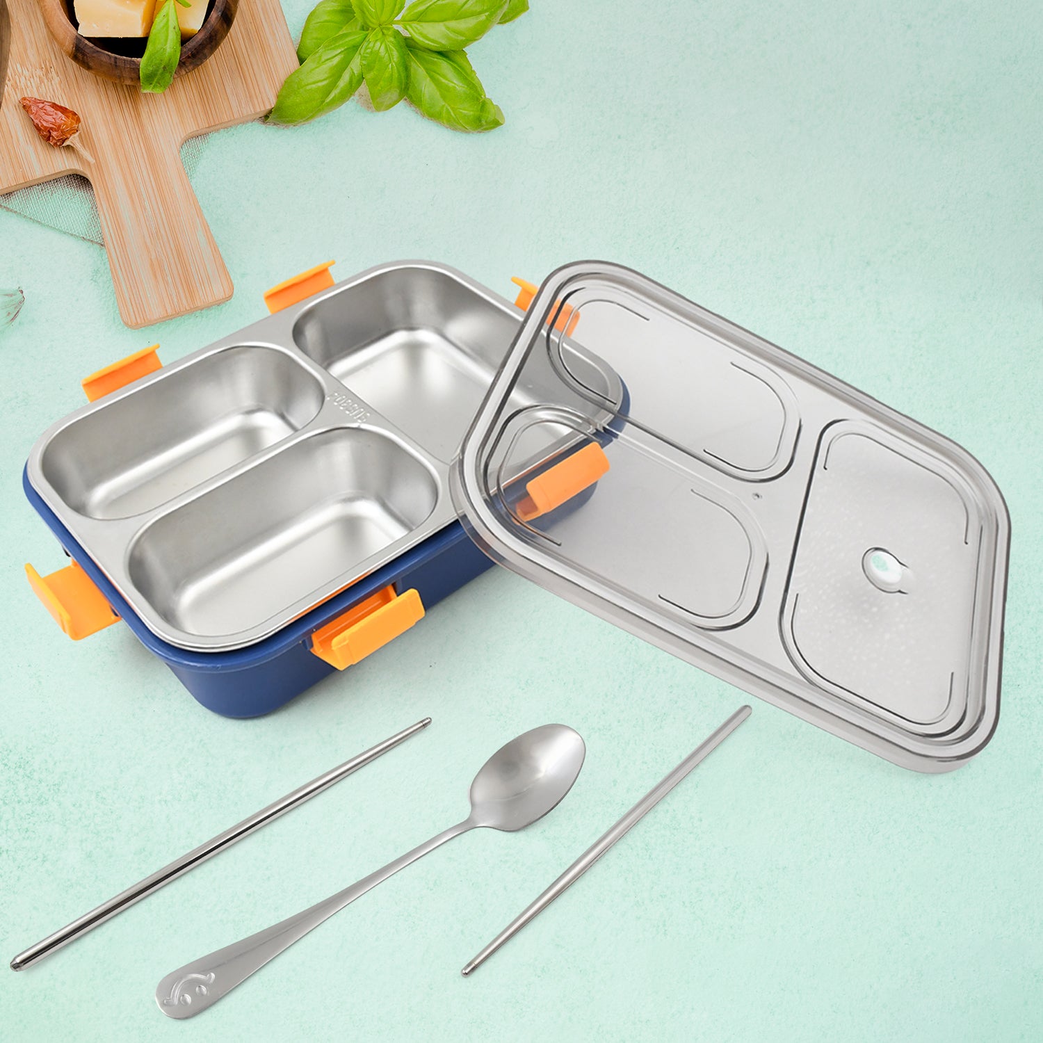 3 Compartment Transparent Stainless Steel Lunch Box with Spoon & Chopsticks (1 Set)