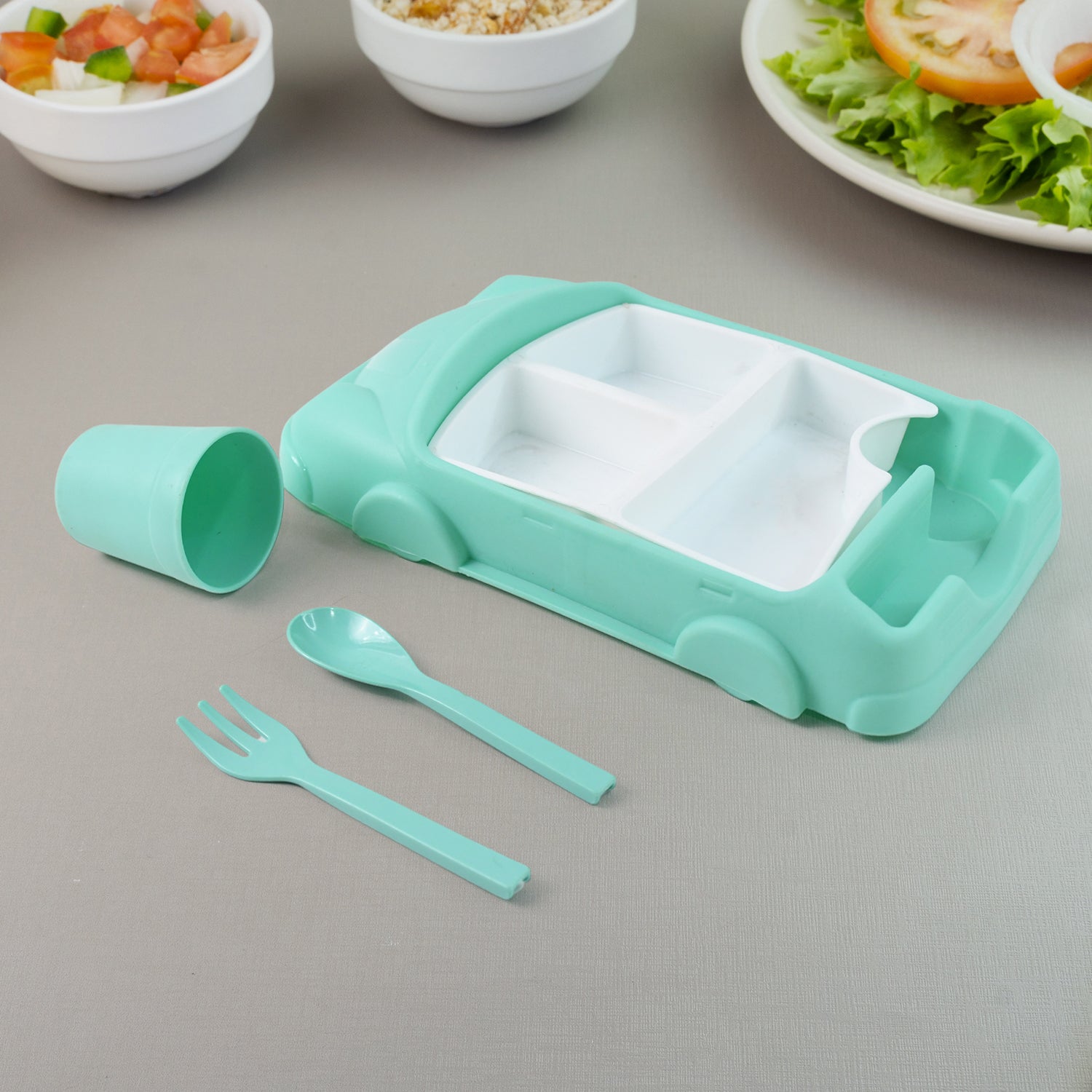 Kids Car Shaped Plates Cup / Lunch Box Dinnerware (4 Pcs Set / 1000 ML Lunch Box)
