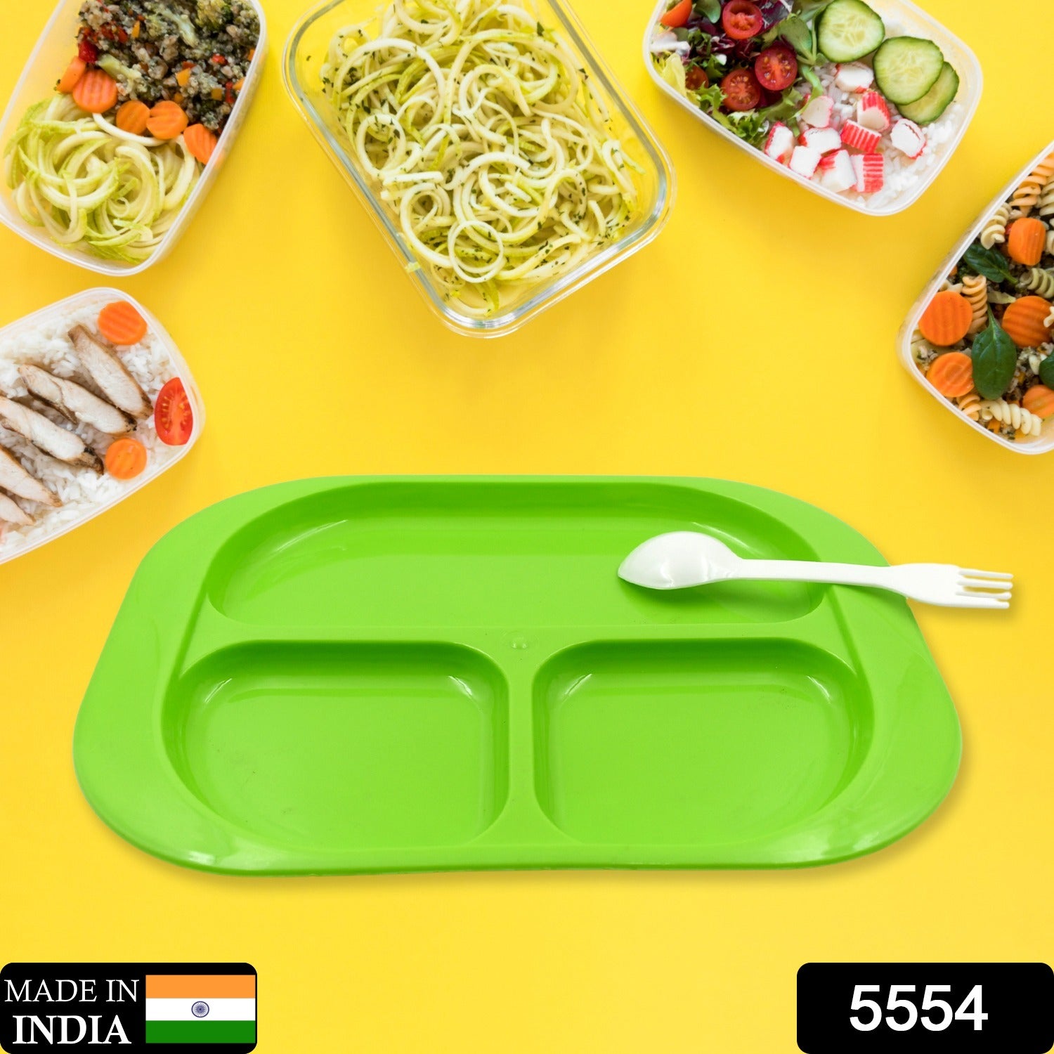 Biodegradable 3-Compartment Plastic Food Plate with Spoon for Snacks (1 Pc)