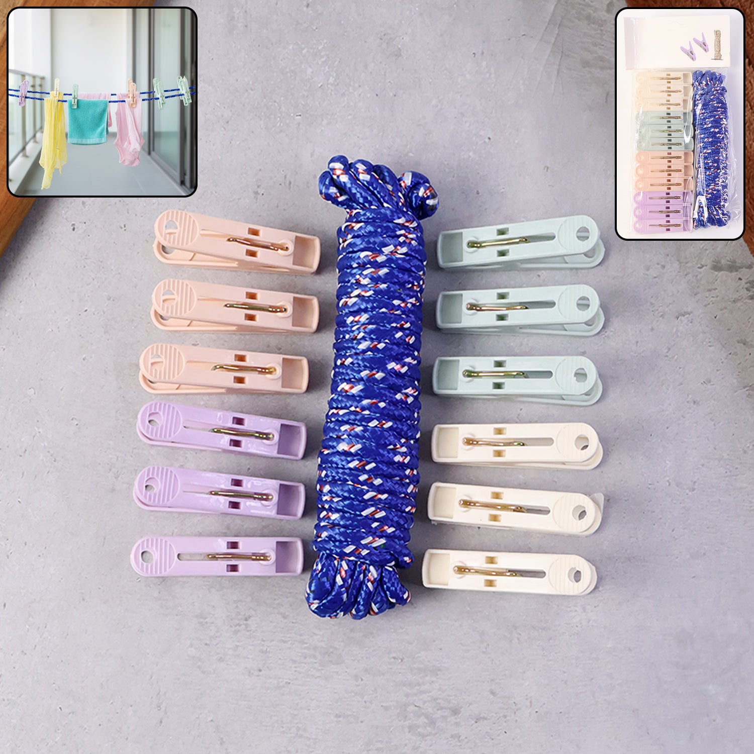Clothesline Rope 12 Clips – 5 Meter Approx Heavy Duty Laundry Drying Rope with Clip