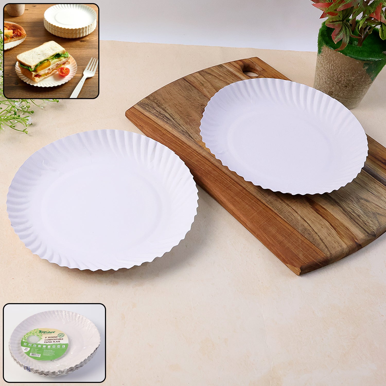 Paper Plate 01 Freshee 9 Inch Round Compostable Paper Plate – 25 Pcs Pack - Image 1